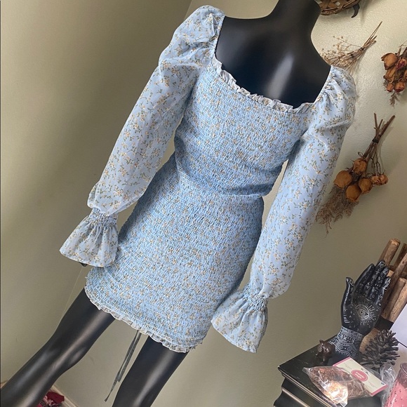 Hey Babe Light Blue Floral Sheer Sleeve Ruched Tie Dress - Picture 11 of 17